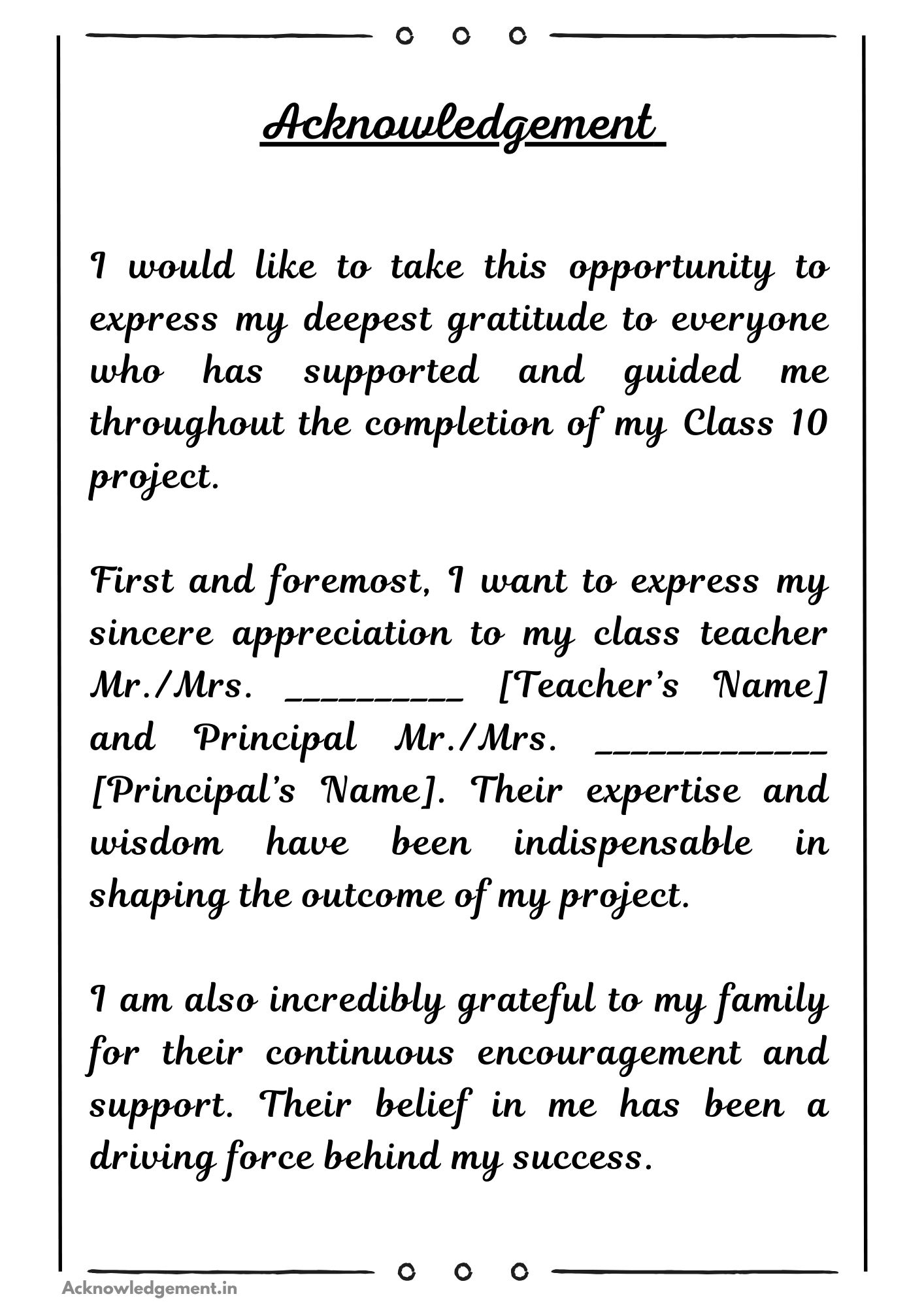 Acknowledgement for Class 10 Project
