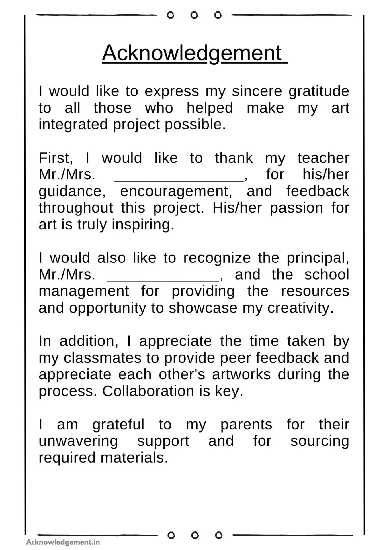 acknowledgement for art integrated project