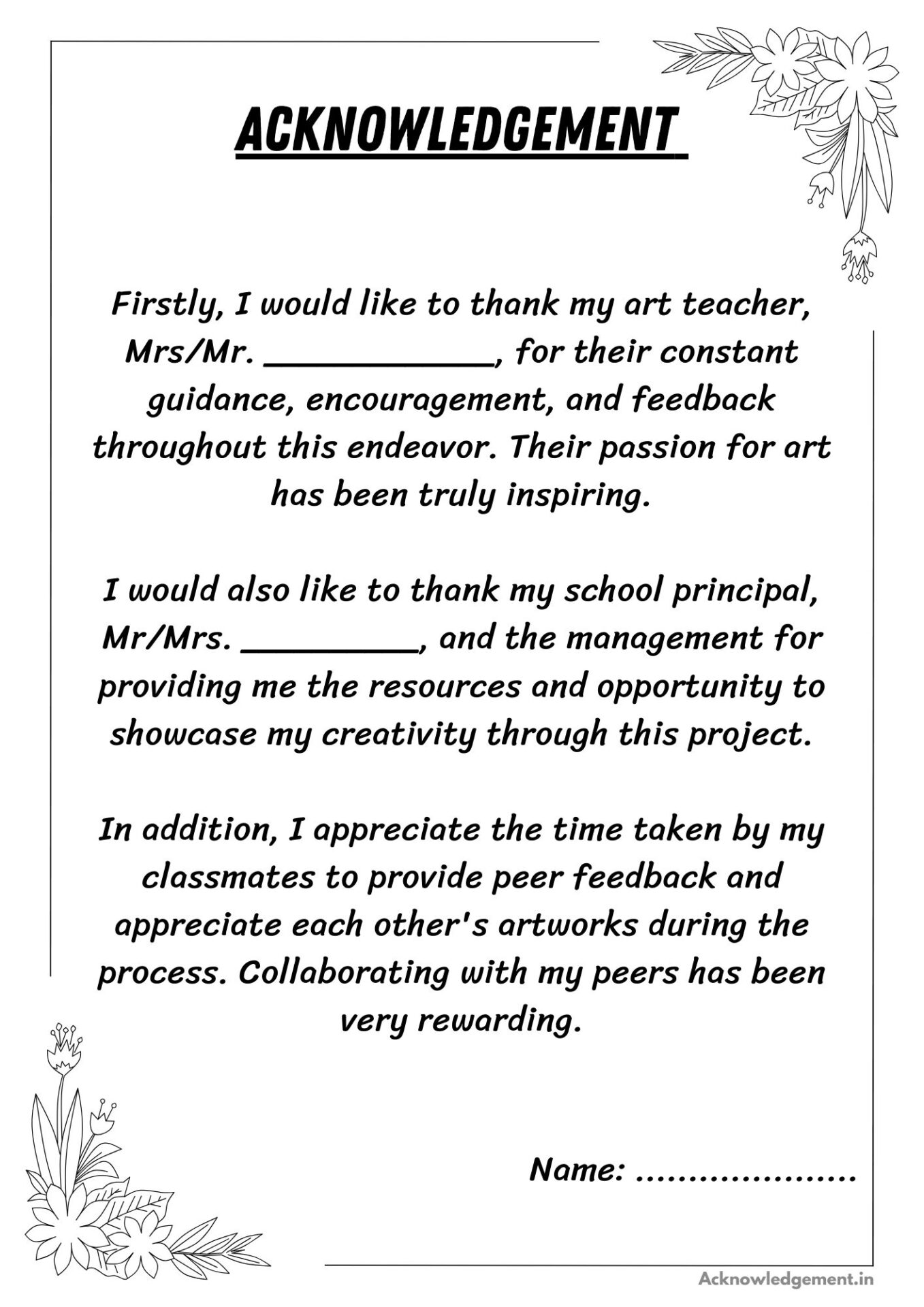 art integrated project acknowledgement sample